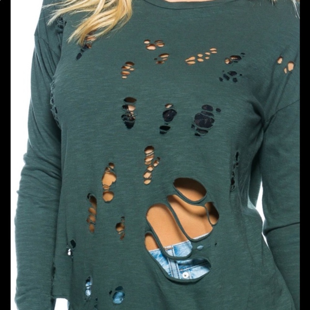 Dark green long sleeve distressed top